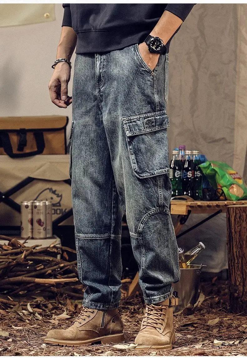 Pantalones vaqueros de trabajo para hombre, ropa retro de hip-hop, holgados, informales, de pierna recta, con bolsillos grandes, 2023