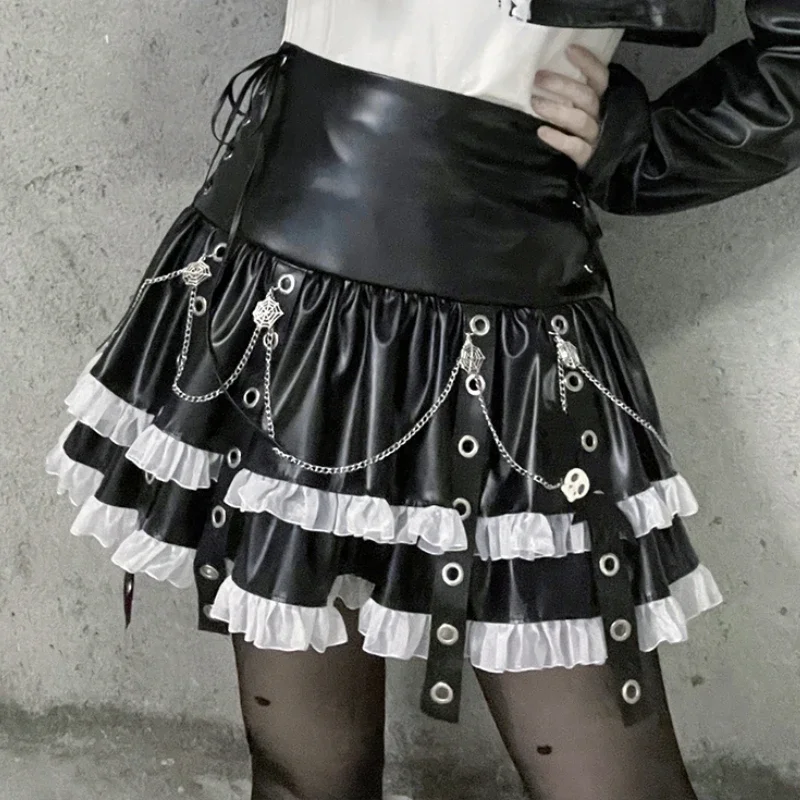 2024 Japanese Original Spice Subculture Dark Punk Harajuku Leather Skirt Strap Lace A Line Waist Thin Cake Skirt For Girls