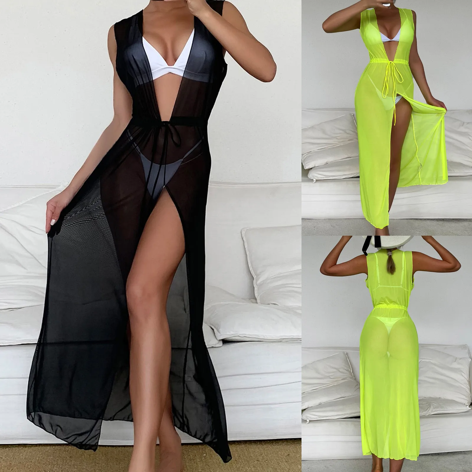 Women Swimsuit Cover-up Beach Bathing Suit High Split Swimwear Mesh Linked Beach Dress Sexy Sheer Black Long Cover Up Bikini