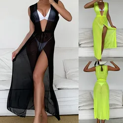 Women Swimsuit Cover-up Beach Bathing Suit High Split Swimwear Mesh Linked Beach Dress Sexy Sheer Black Long Cover Up Bikini