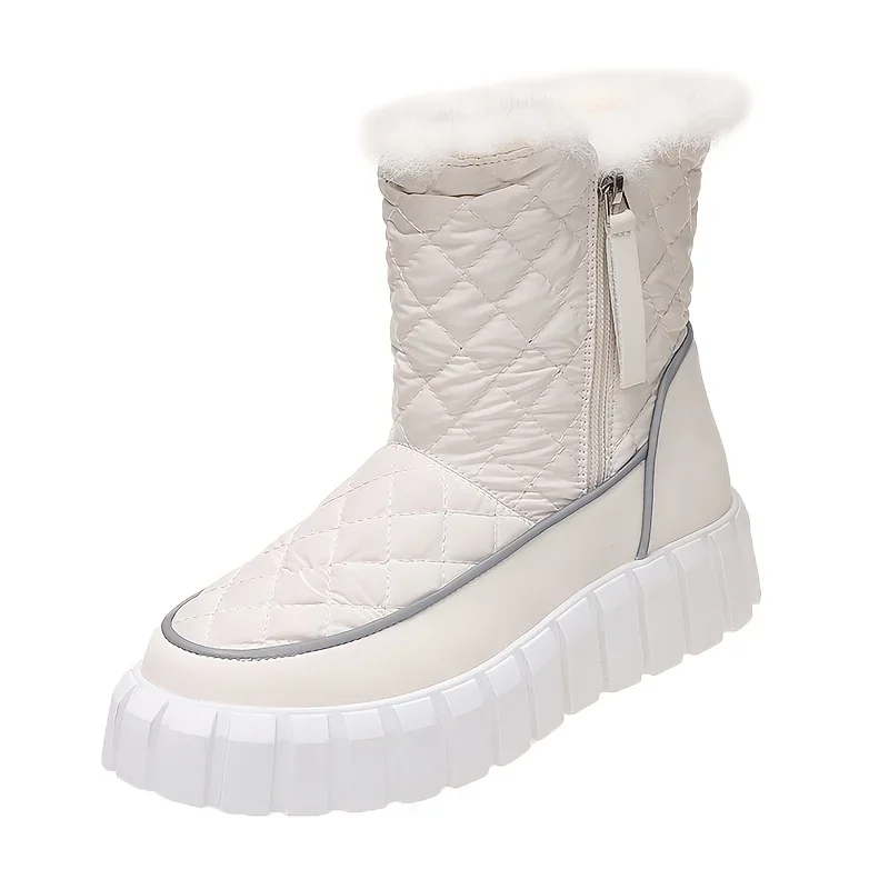 Women's Quilted Argyle Round Toe Snow Boots Faux Fur Lined Side Zipper Thick Sole Ankle Boots Women Footwear