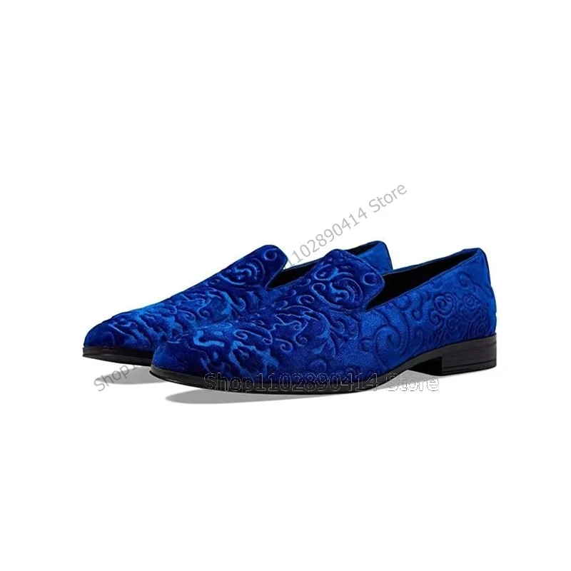 

Totem Embroidery Blue Red Flock Loafers Fashion Slip On Men Shoes Luxury Handmade Party Feast Banquet Big Size Men Casual Shoes