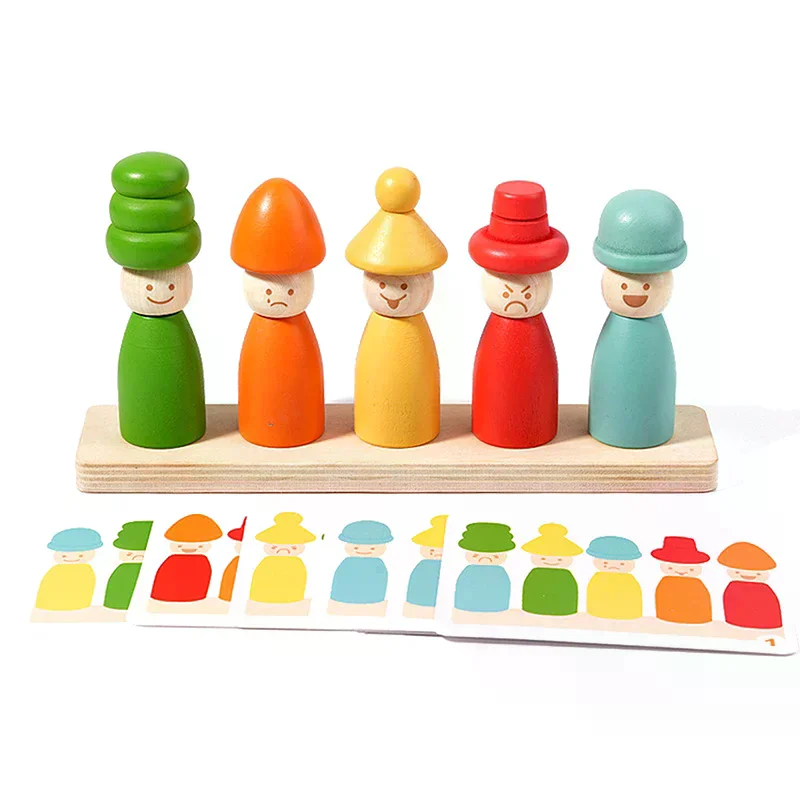 Jouets de tri des couleurs Montessoris jouets d'apprentissage précoce en bois motricité Fine chapeau de marionnette Match de visage jouets empilables créatifs pour enfant