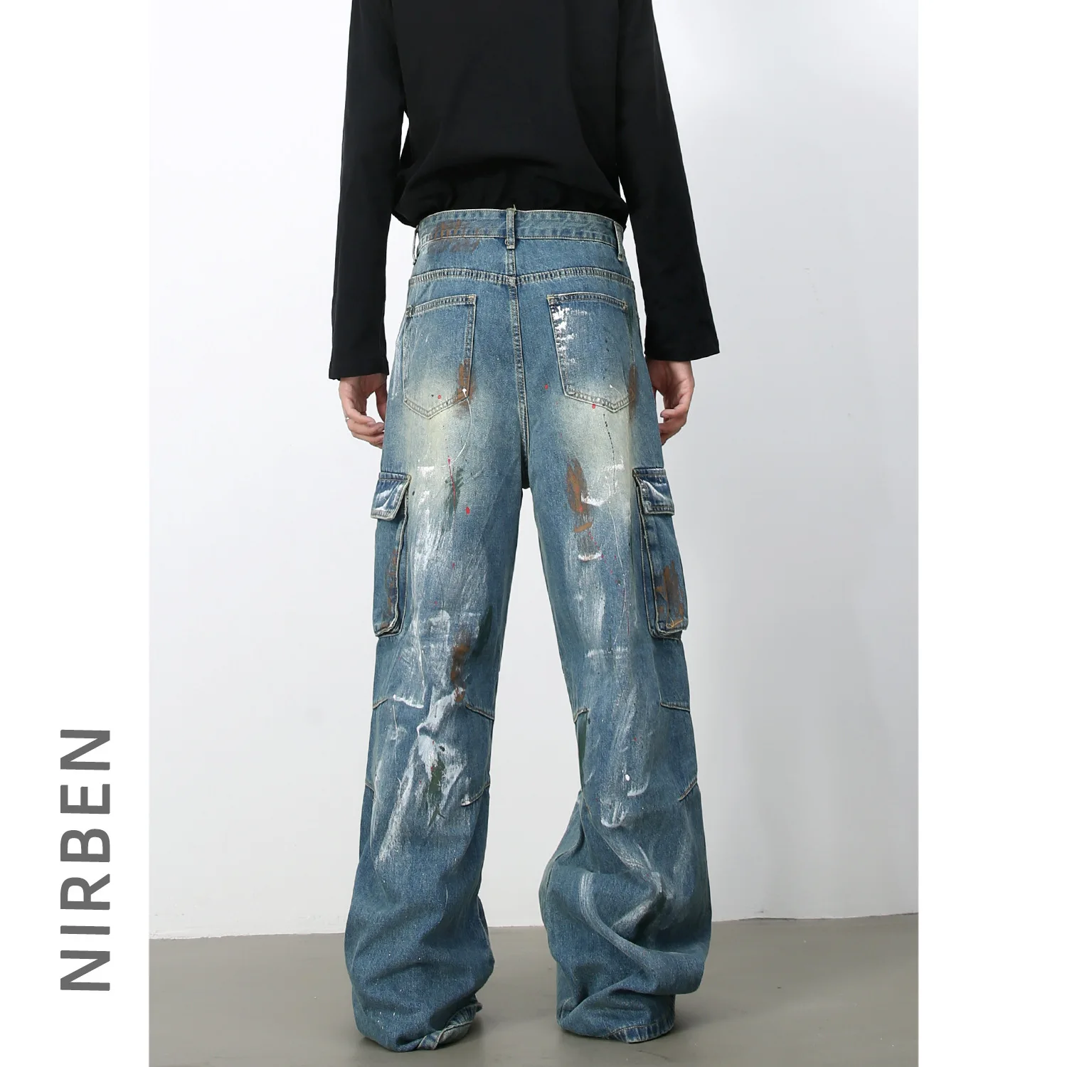 Denim Graffiti Multi-Pocket Blue Wide Leg Jeans Men's American High Street Loose Straight Overalls