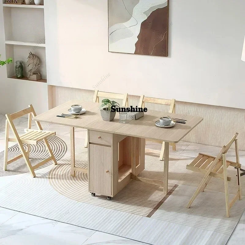 Extendable Drop Leaf Folding Dining Table with 2 Drawers and 4 Wheels for Living Room,Kitchen, Farmhouse, Space Saving Table  FT