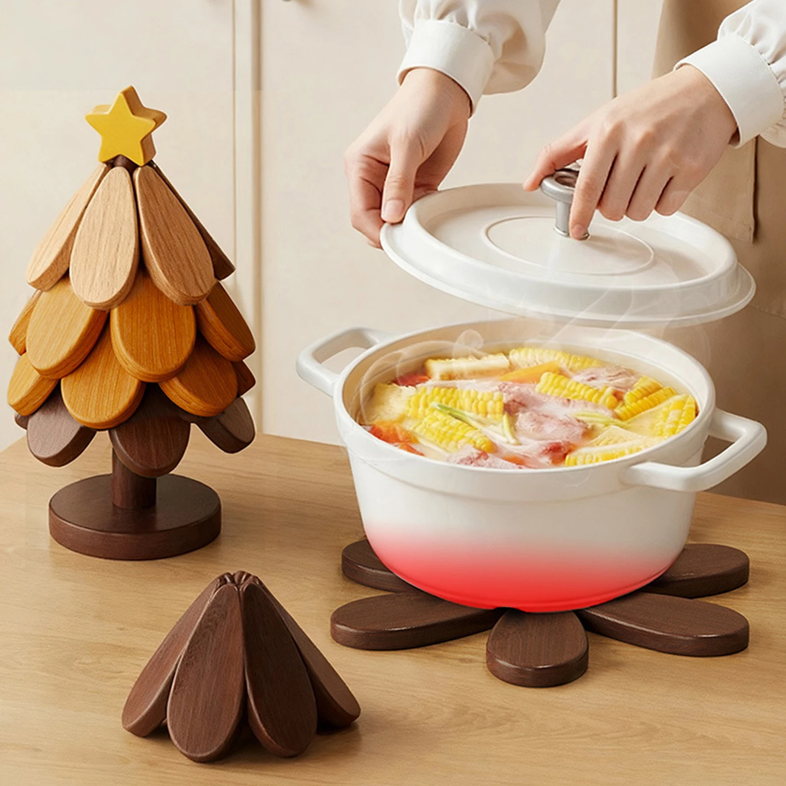 

5PCS Wooden Trivets Tree Shape Trivet Set Christmas Tree Coasters for Teapot Pans Kitchen Decor Meets