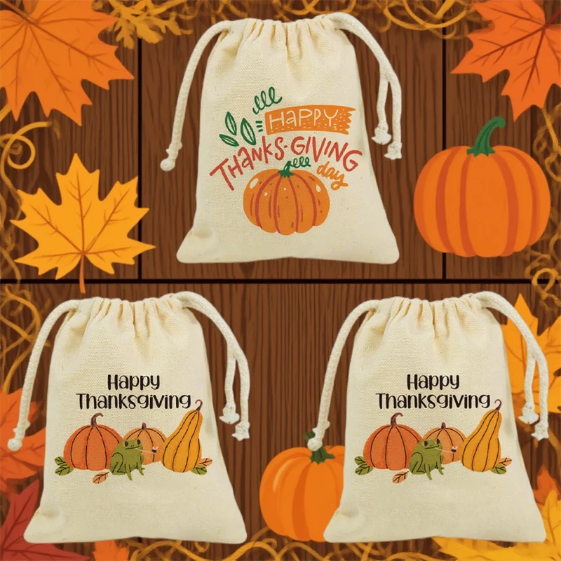 

5pcs Happy Thanksgiving Day Treat Bags Pumpkin Drawstring Gift Bags for Kids Boys Girls Thanksgiving Party Decorations Supplies