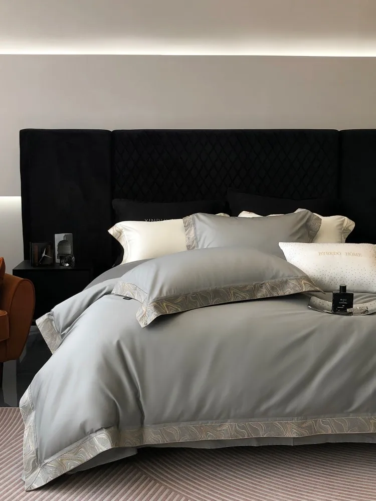 Luxury Bedding Sets King Size Full Set 100% Cotton Grey Duvet Cover Set Queen King Double Size Soft Quilt Cover Bed Linen 4Pcs