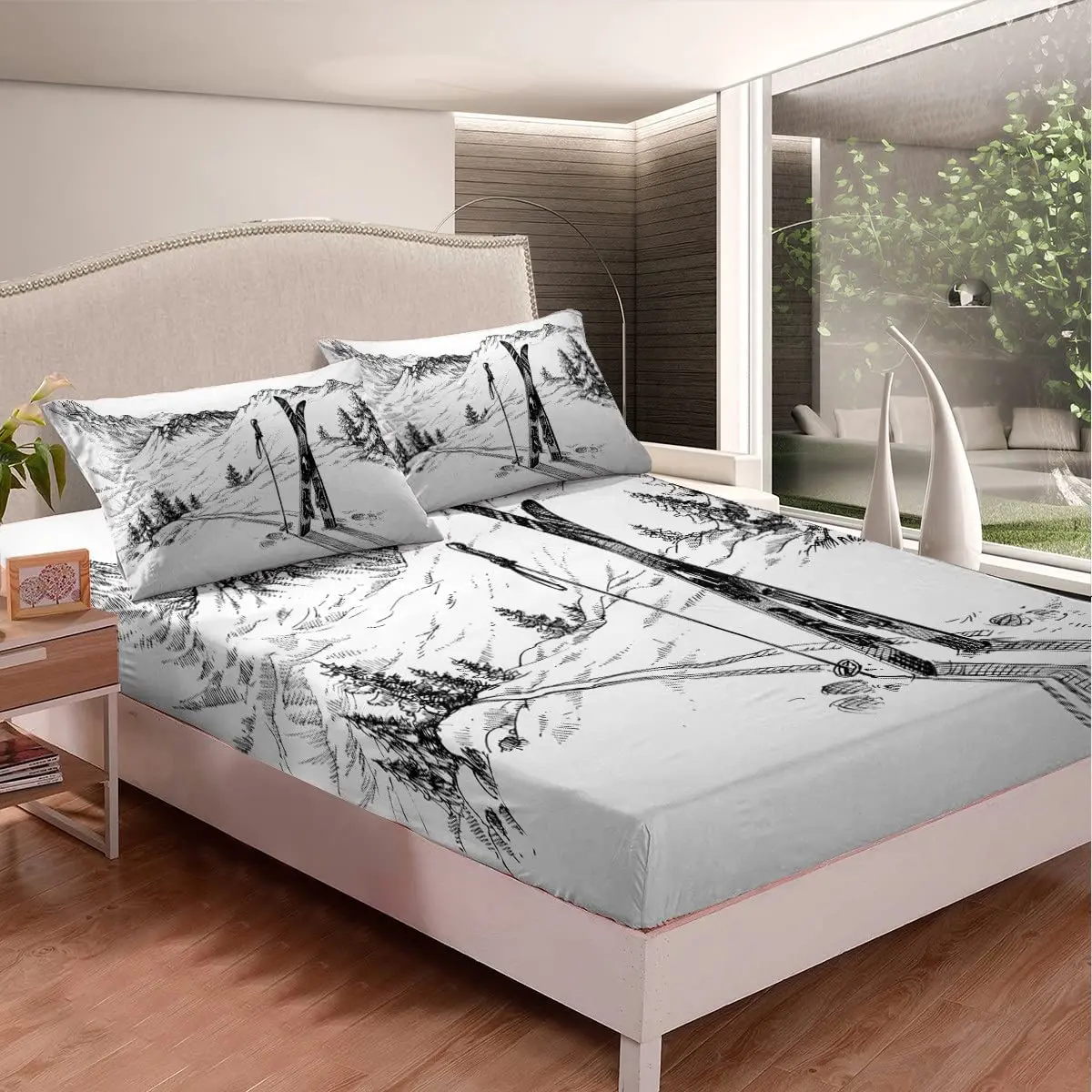 Ski Bedding Set Full King, Winter Sports Games Bed Sheets Winter Skiing Fitted Sheet Mountain Sketch Illustration Bedding Decor