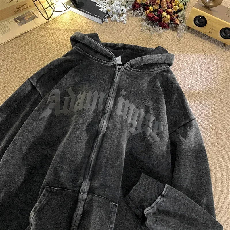 Korean Harajuku High Street Retro Zipper Cardigan Jacket Casual Loose Hoodie Fashion Hoodies Tops Couple Sweatshirt Y2k Clothes