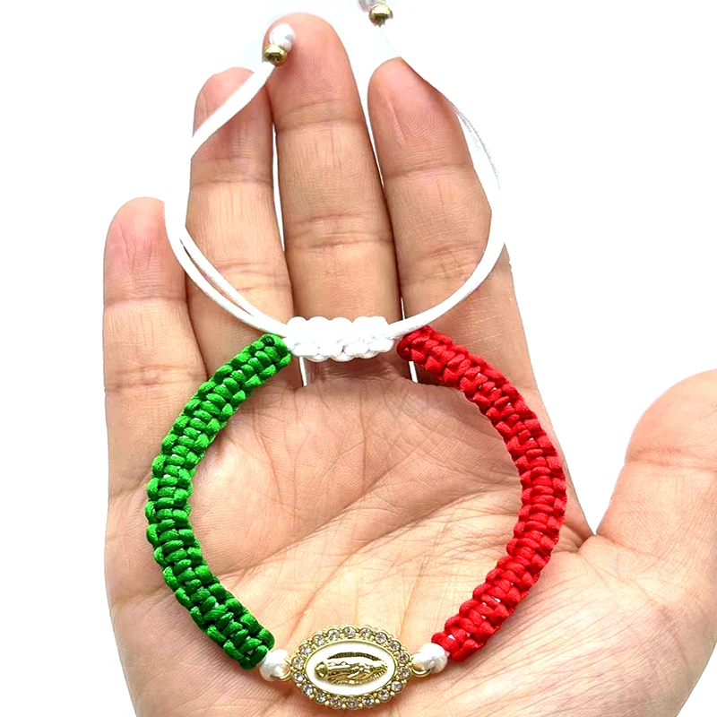 

12 Pieces Mexican series Guadalupe Virgin Red White And green Braided Bracelet Adjustable Women's Bracelet Religious Available