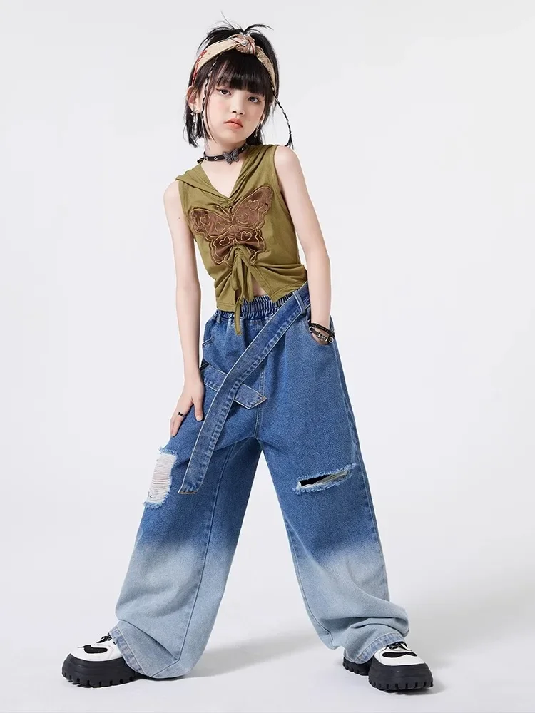 Kid Hip Hop Clothing Green Butterfly Crop Hoodie Tank Top Denim Blue Strap Ripped Jeans Pants for Girls Dance Costumes Clothes