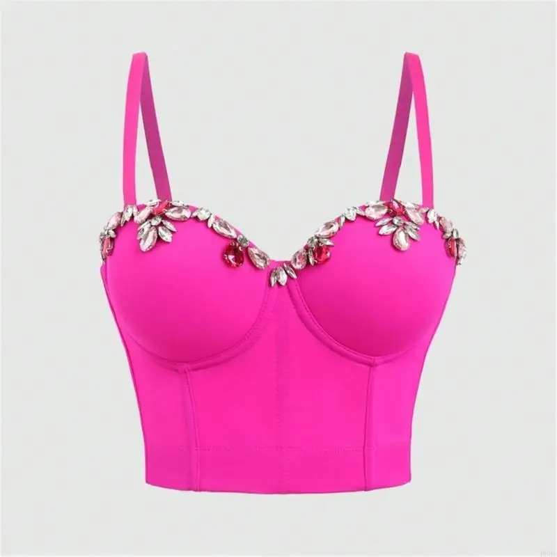 

P88B Women Push Up Padded Hotpink Corsets Camisole Crystal Rhinestones Fish Boned Bustier Crop Top Clubwear