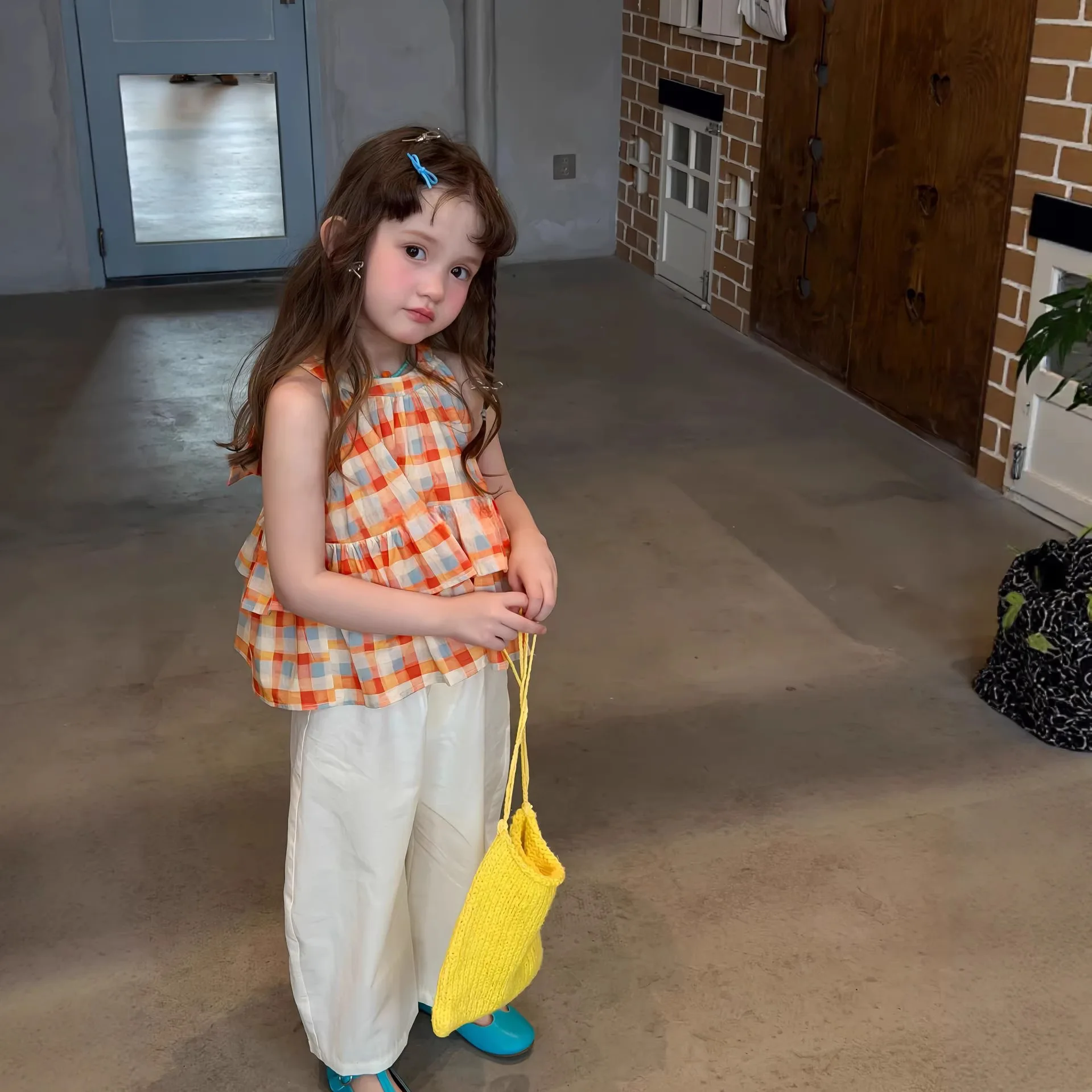 

Girls' Plaid Suspender Set Summer Children's Foreign Style Pants Orange Girls' Two-piece Set