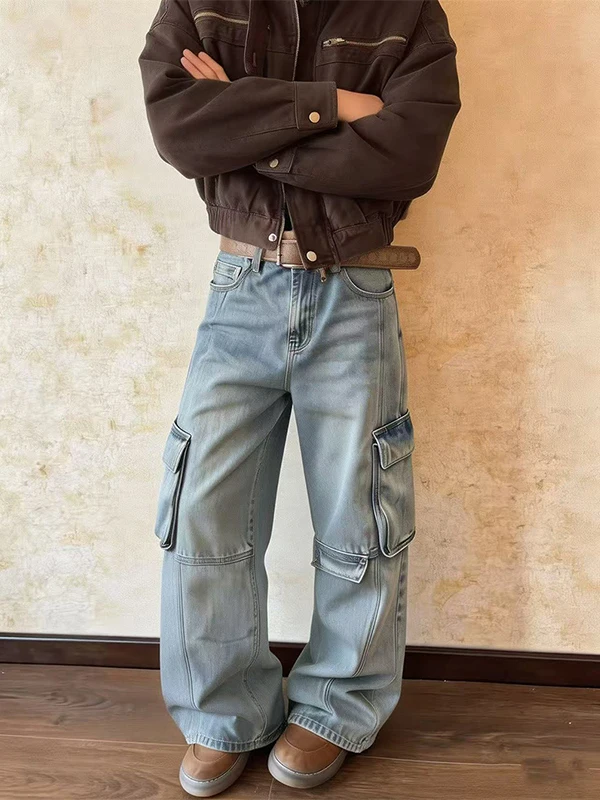 

Washed Vintage Men's Jeans Spring Autumn Trendy Loose Wide Leg Knife Pants American Style Multi Pocket Straight Leg Long Pants
