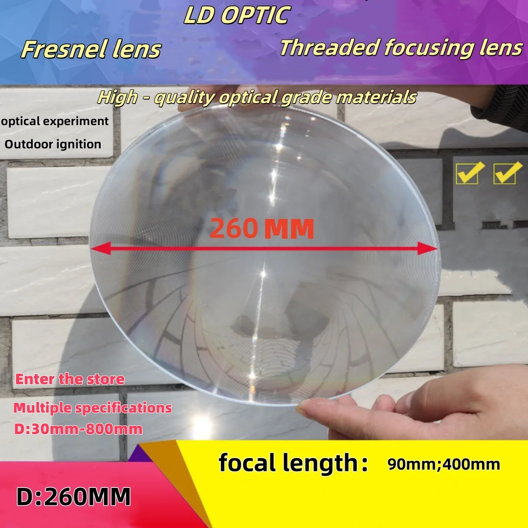 

260MM diameter optical grade plastic PMMA Fresnel lens. Solar focusing threaded lens. For ignition, lighting and magnification