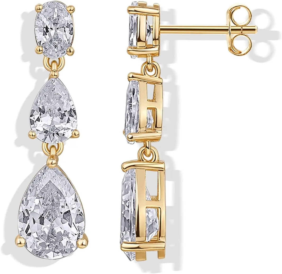 

Gold Plated CZ Dangle Earrings for Women - Crystal Linear Bridal Drop Jewelry - Pearl Simulated Diamond Wedding Gift