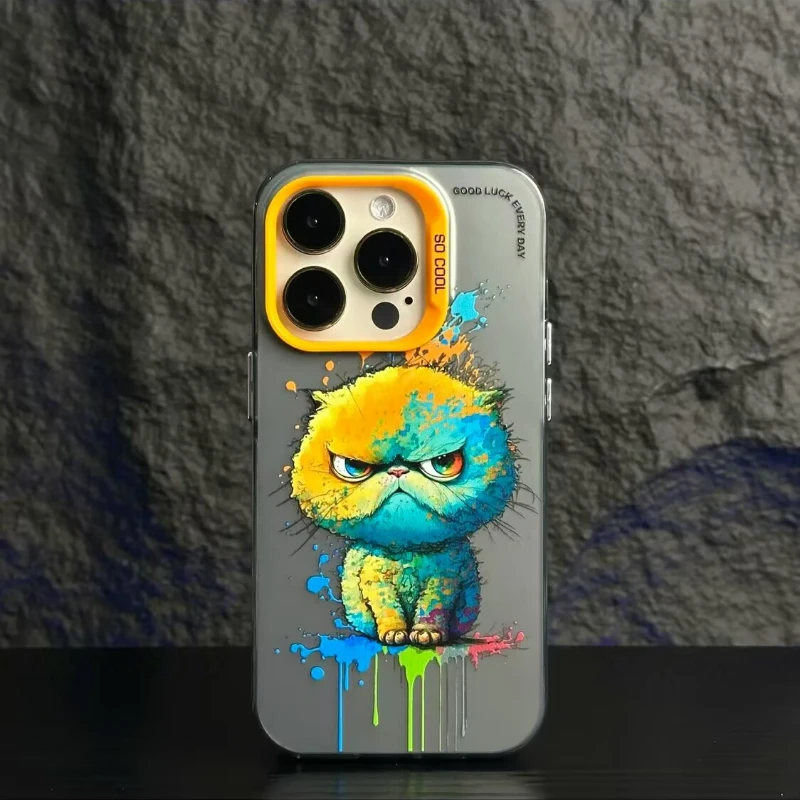 Oil Painting Fat Cat Puppy Phone Case for iPhone 14 15 Pro Max 11 12 13 X XR XSMax 7/8 Plus Laser Plated Shockproof Bumper Cover