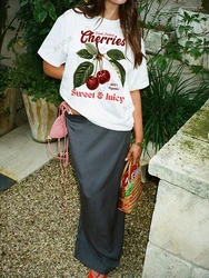 Cherry Pattern Letter Print Oversized T-shirt For Women Short Sleeve Loose Casual Tees Streetwear Vintage Cotton Harajuku Tops