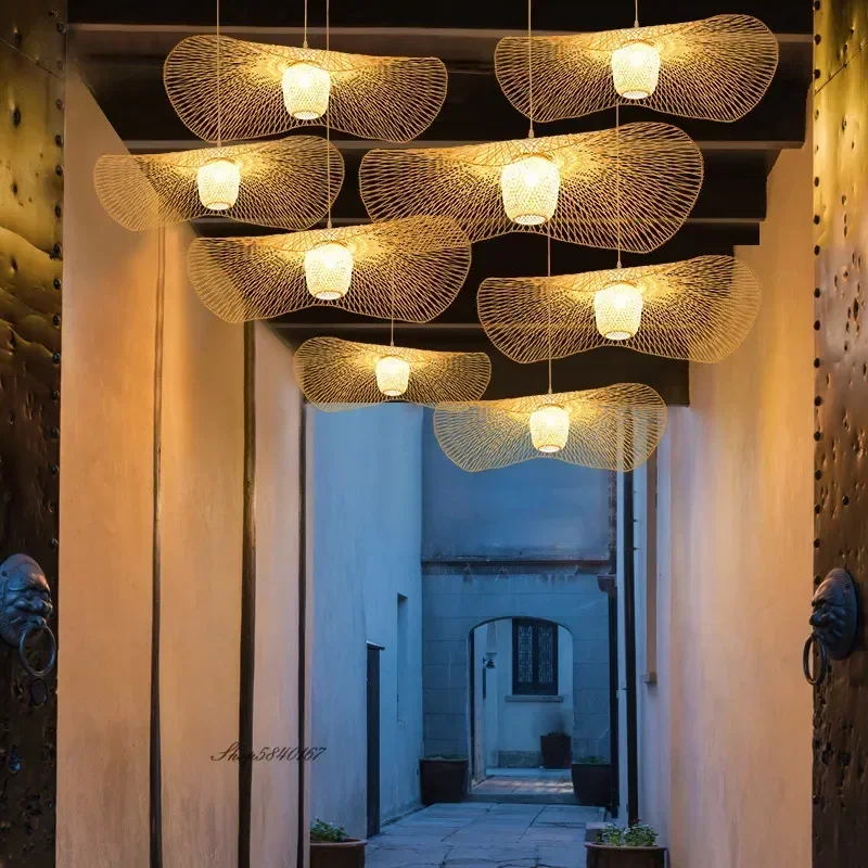 Wabi Sabi Japanese Bamboo Ceiling Pendant Lamp Tatami Mat Restaurant Shop Hanging Lamp Dining Living Room E27 Chandelier Light - Image 5