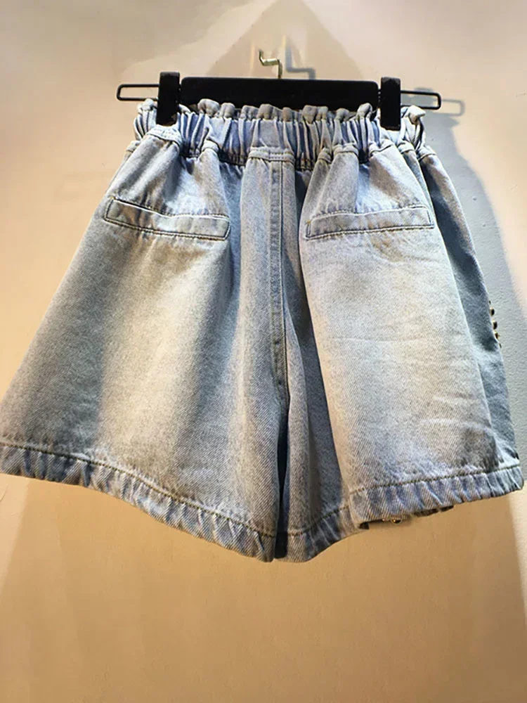 New Women\'s Denim Shorts Loose Elastic Waist Rivet Colorful Big Sequins Wide Leg Short Jeans 2024 Summer New Fashion 29L1084