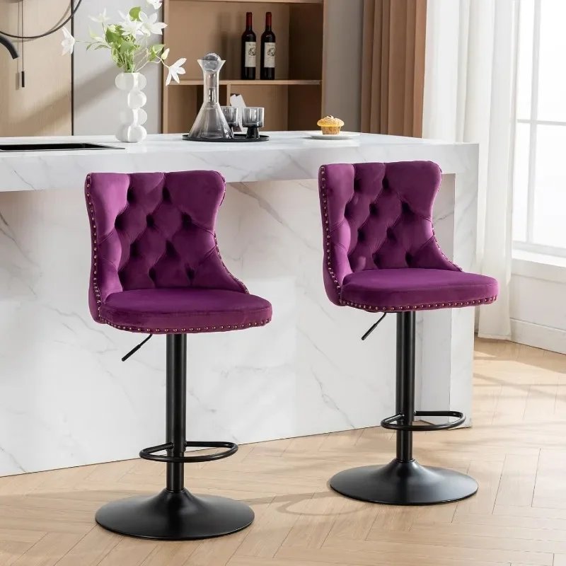 Bar Stools Set of 2, Swivel Barstools with Nailheads Trim, Velvet Button Tufted Back and Silver Footrest