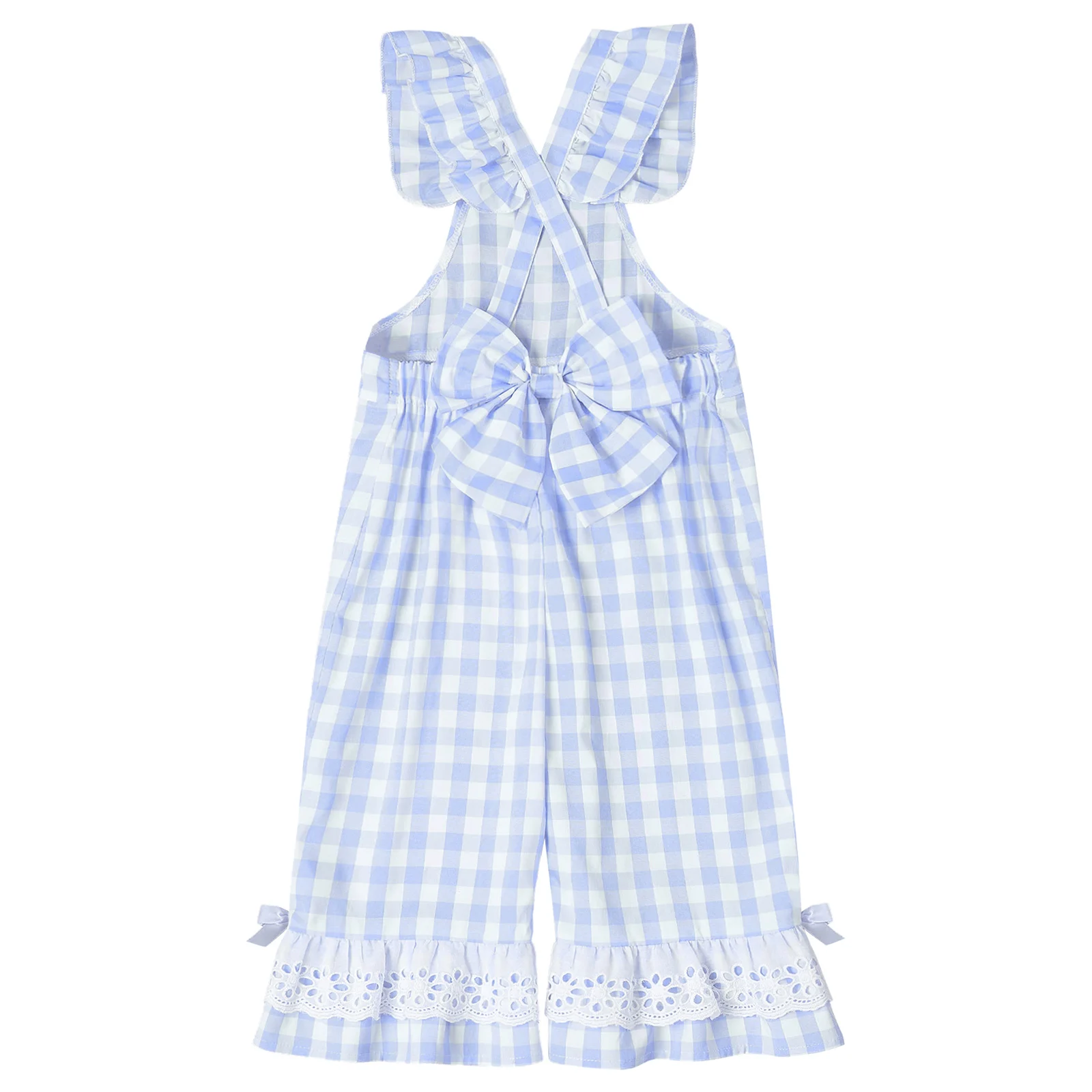 Children Girls Sleeveless Lace Plaid Bell-Bottom Jumpsuit Overalls Summer Casual Adjustable Pants Daily School Party Home Wear