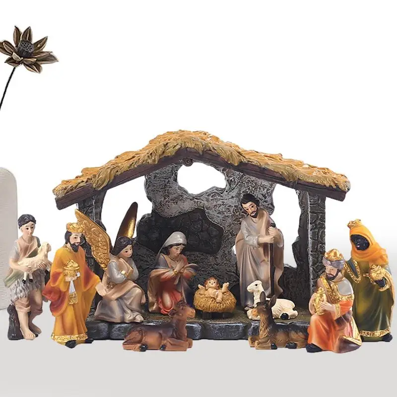 Christmas Manger Nativity Set Resin Hand-painted Nativity Figurines Holy Family Crafts Statue Decor Home Church Decoration