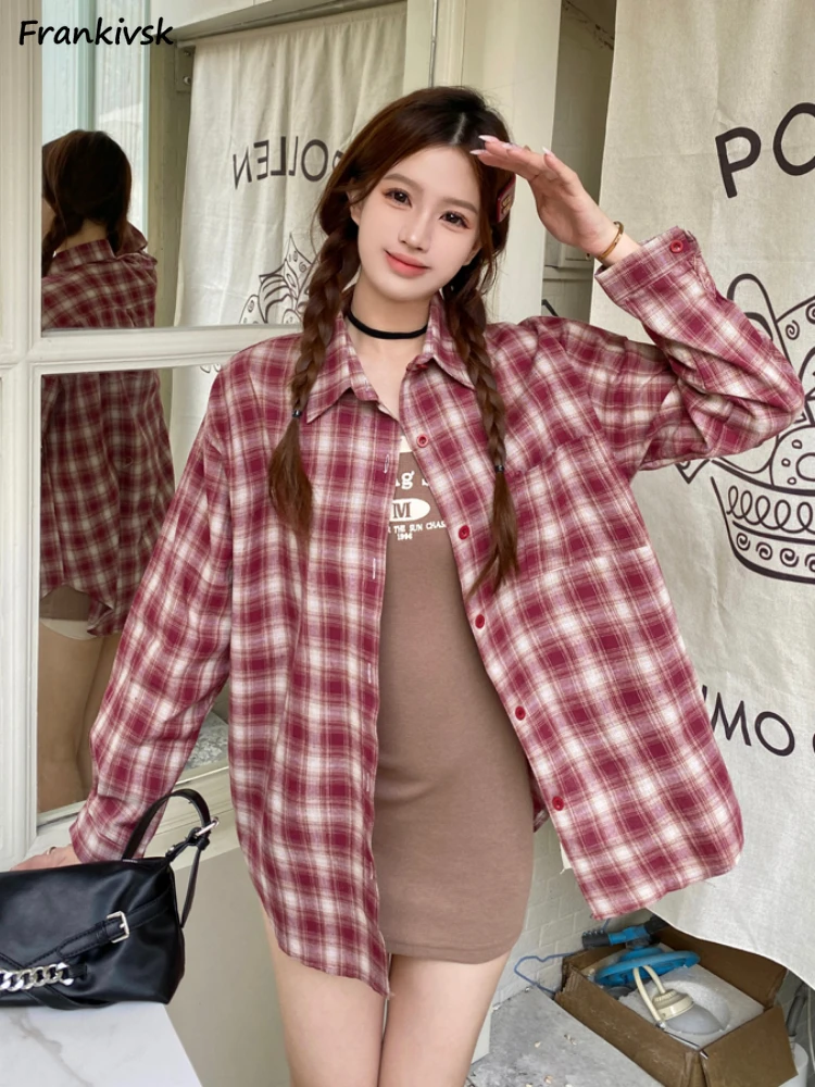 Plaid Shirts Women Slouchy Korean Style Office Lady Long Sleeve Spring Autumn High Street Casual All-match Clothing College Chic