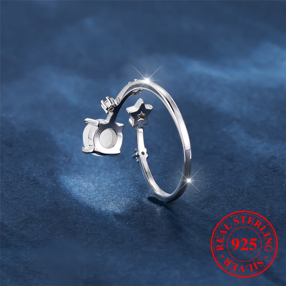 Cute Female Natural Moon Stone Round Star Adjustable Ring Vintage Real 925 Sterling Silver Wedding Open Jewelry For Women