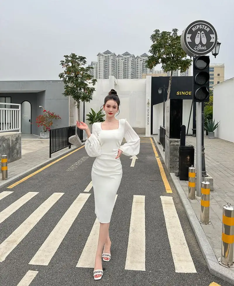 

Bubble Long Sleeved Dress Square Neck Pleated Waist Wrap Hip korean Fashion Skirt Sexy Party Dresses Spring Autumn New 2024