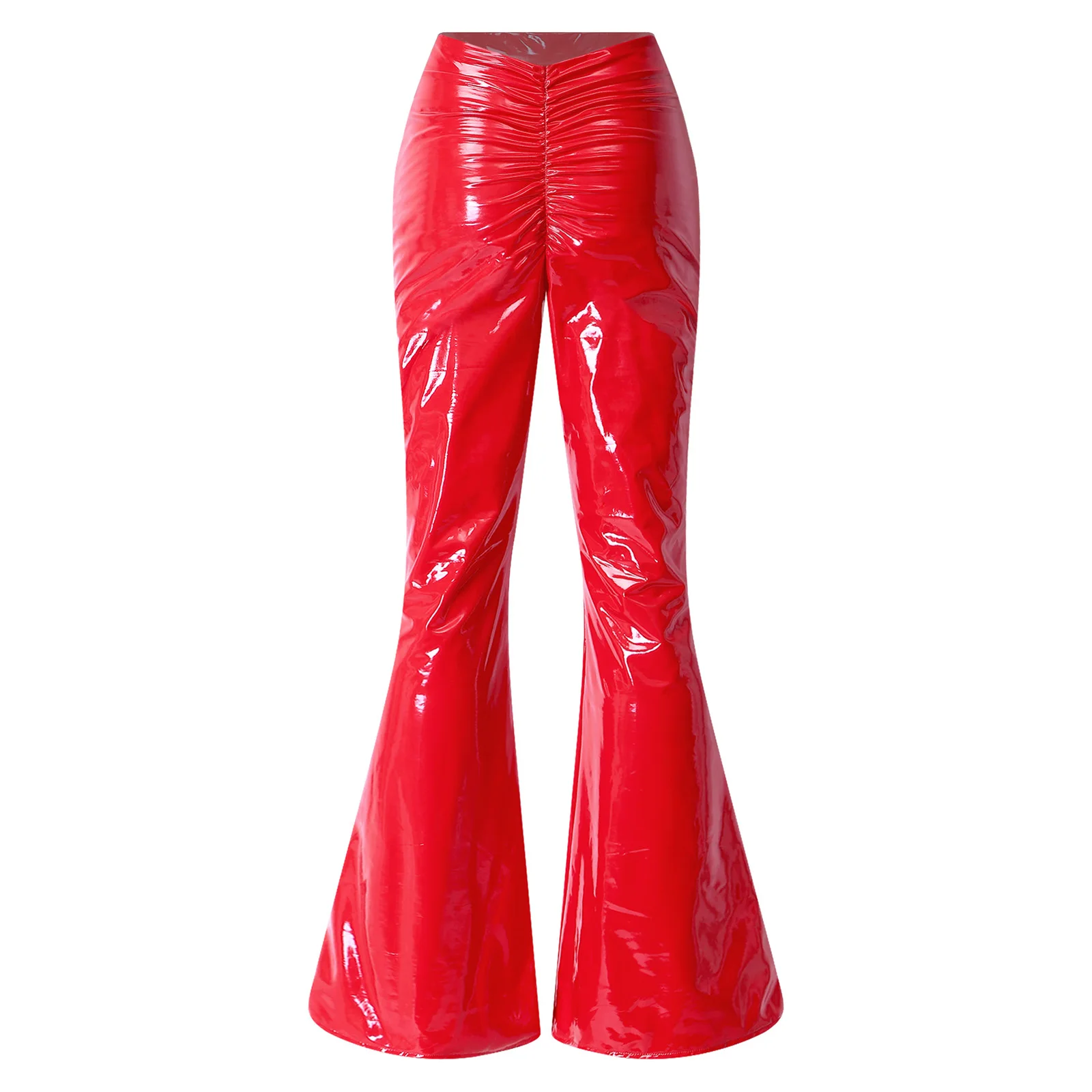 Women Glossy Patent Leather Flared Pants High Waist Ruched Zipper Wet Look Trousers for Nightclub Rave Party Motorcycle Clubwear