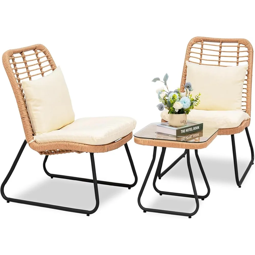 

3 Piece Outdoor Wicker Furniture Patio Bistro Set, Balcony Furniture Rattan Conversation Sets with Cushions, Wicker Patio Chairs
