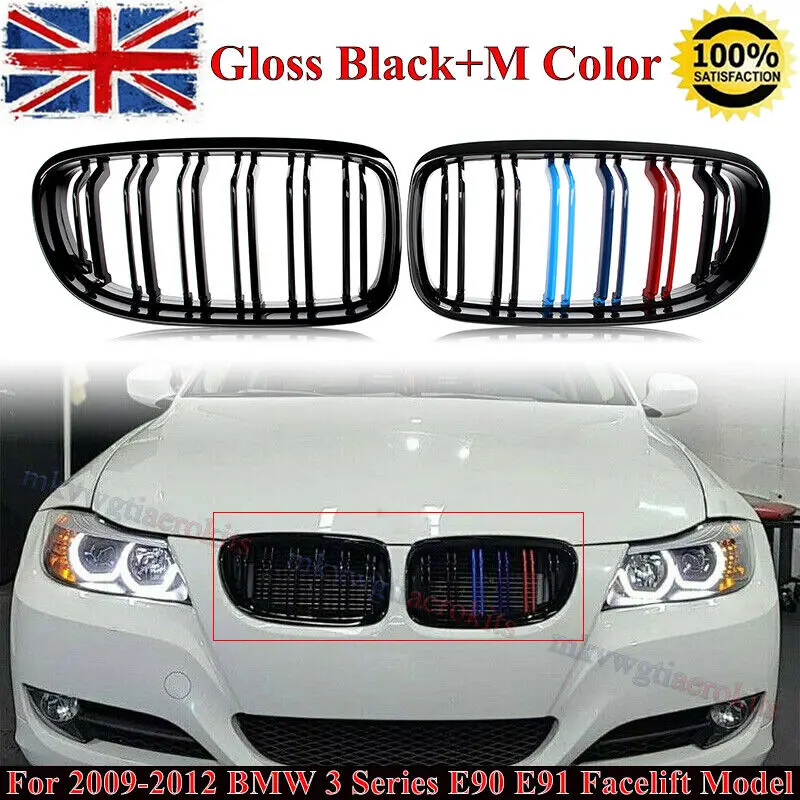 Pair Gloss Black M Colour Front Kidney Grille For BMW 3 Series E90 E91 2009-2012