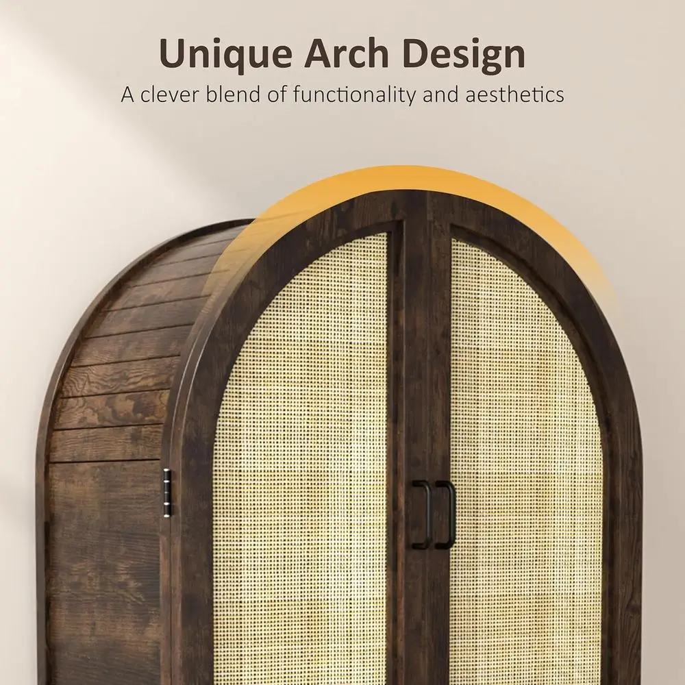 Walnut Arched Wine Cabinet with Rattan Door, Bar Rack & Glass Holder, Kitchen Pantry Storage