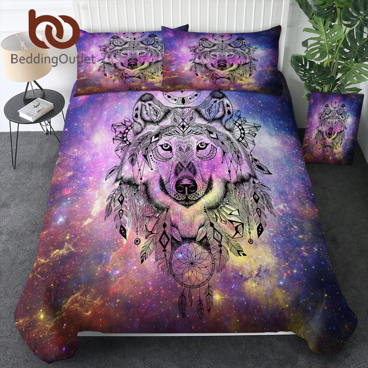 

BeddingOutlet Wolf Dreamcatcher Duvet Cover Purple Background Starry Sky Pattern Polyester Comforter Cover Boy Girl Bedding Set