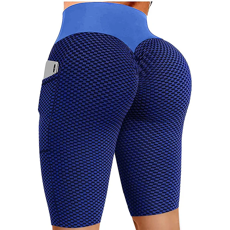 Summer Pocket Yoga Shorts Women Sexy Buttock Lifting Honeycomb Jacquard Fitness Leggings Stretch Sports Running Short Pants