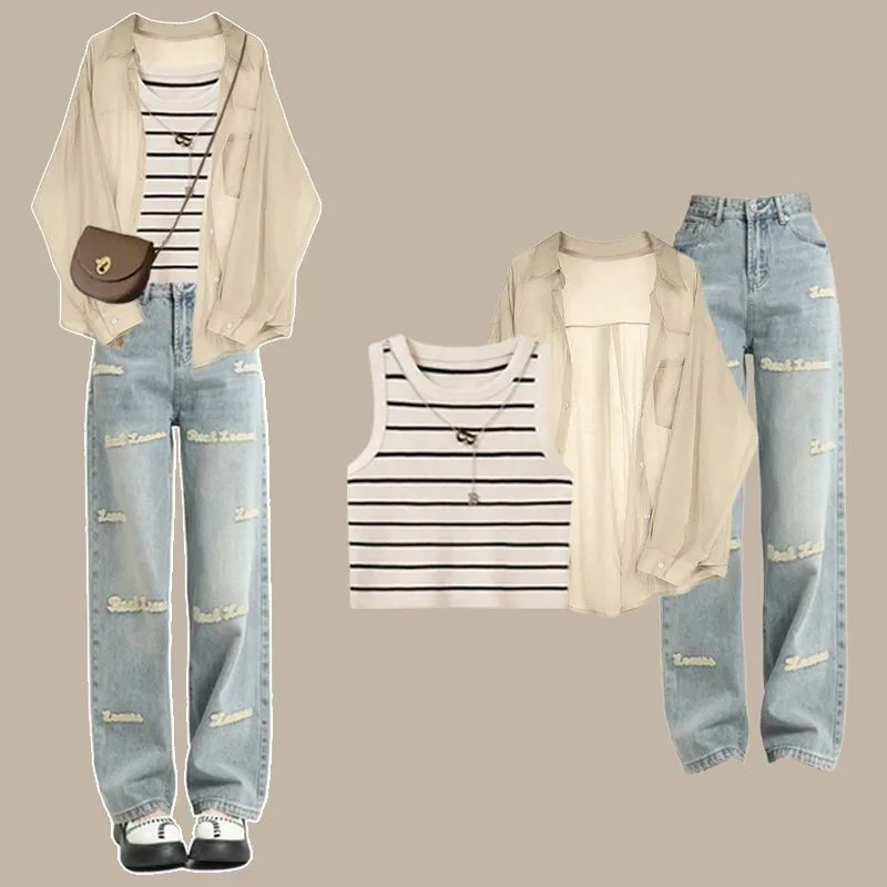 

Women's Summer Suit 2024 New Casual Sunscreen Shirt Vest Letter Jeans Three Piece Korean Elegant Blouse Denim Pants Matching Set