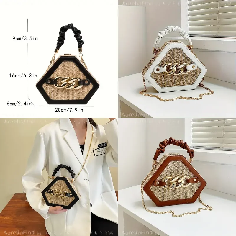 New Fashion Woven Chain Bag Versatile Single Shoulder Crossbody Handbag Trendy Diamond Shape Straw Weave Box Bag for Women