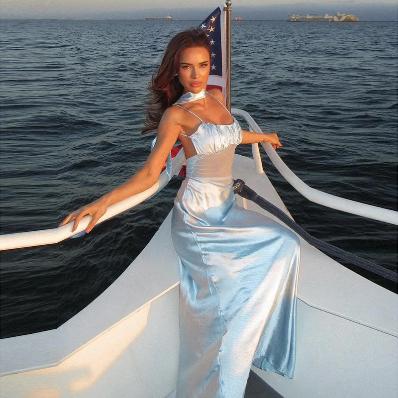 

Temperament Dresses For Woman Solid Color Slim Fit Sexy Fashion Woman Clothing High Waist U-neck Suspender Lace Satin Dress