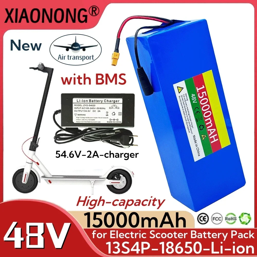 New 48V 15000mAh 13S4P rechargeable lithium-ion battery pack 18650 for Electric Scooter Bicycle with BMS+54.6v 2a charger