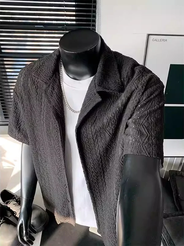 

Men's Cuban Collar ort Sve irt Summer Loose Fit Breathable Casual Sle Hollow out Design American Retro Sle Top