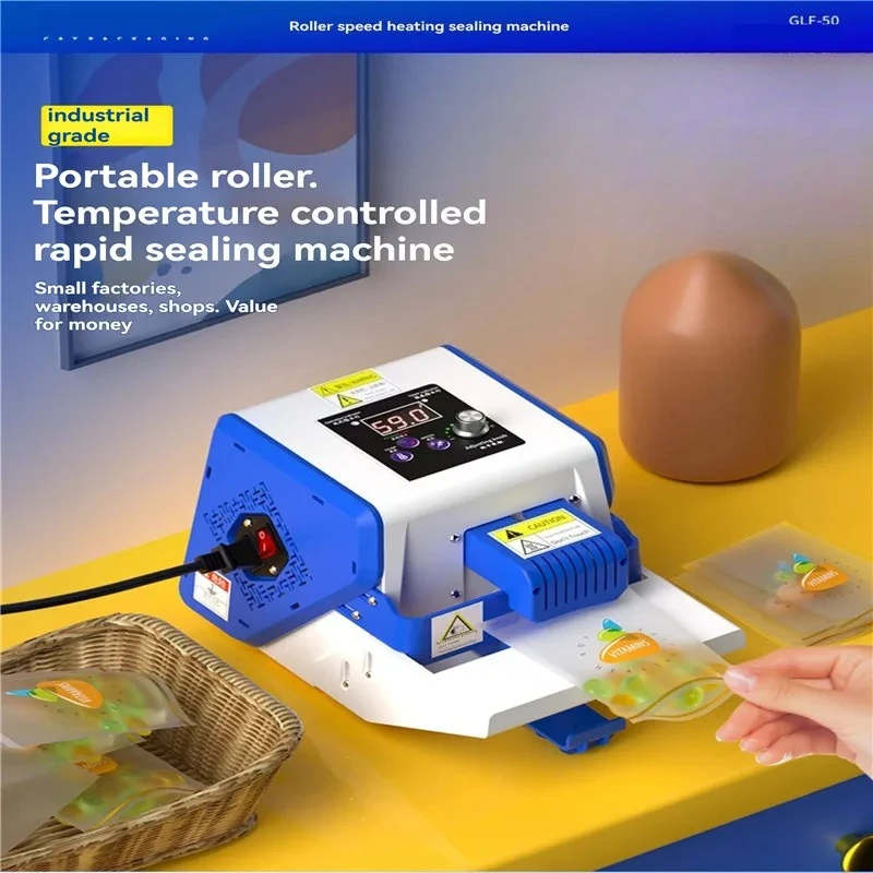 GLF‑50P Quick Sealing Machine 300W Industrial Lightweight Roller Temperature Control 220V Multi Plug Packaging Tool