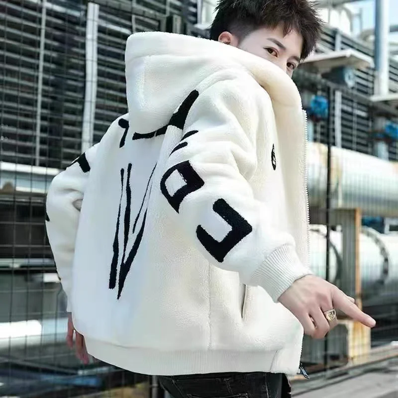 Lamb Velvet Thickened Winter Jacket Men's Hooded Cotton Coat Korean Style Trendy Warm Plush Cotton Padded Casual Zipper