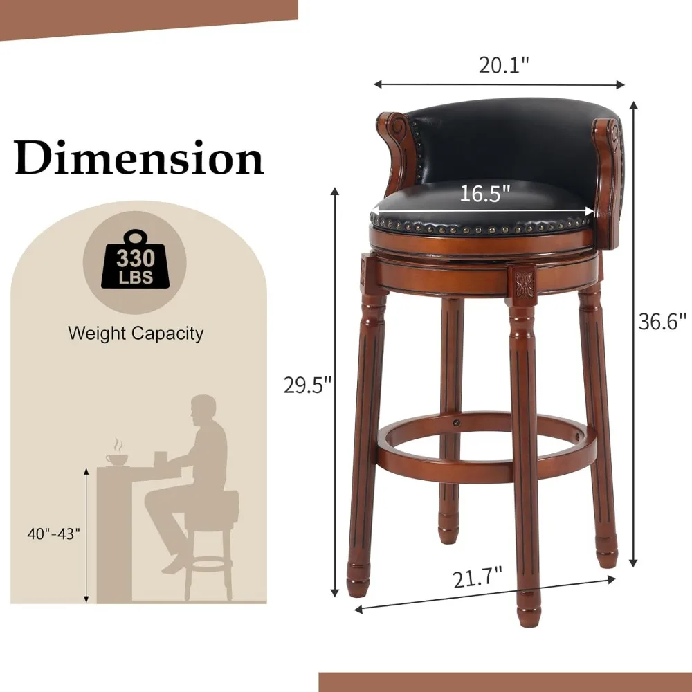 مقاعد جلدية دوارة مع مسند للقدمين: جلد أسود محبب بالكامل وقاعدة خشبية للمطبخ وتناول الطعام وغرفة المعيشة #2