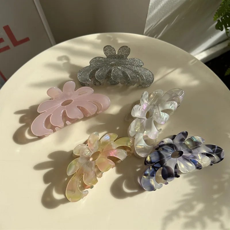 Korean New Creative Design 10.5cm Big Flower Marbling Pure Colorful Hair Clip Claw Fashion Acetic Acid Shark Clip Hair Accessori