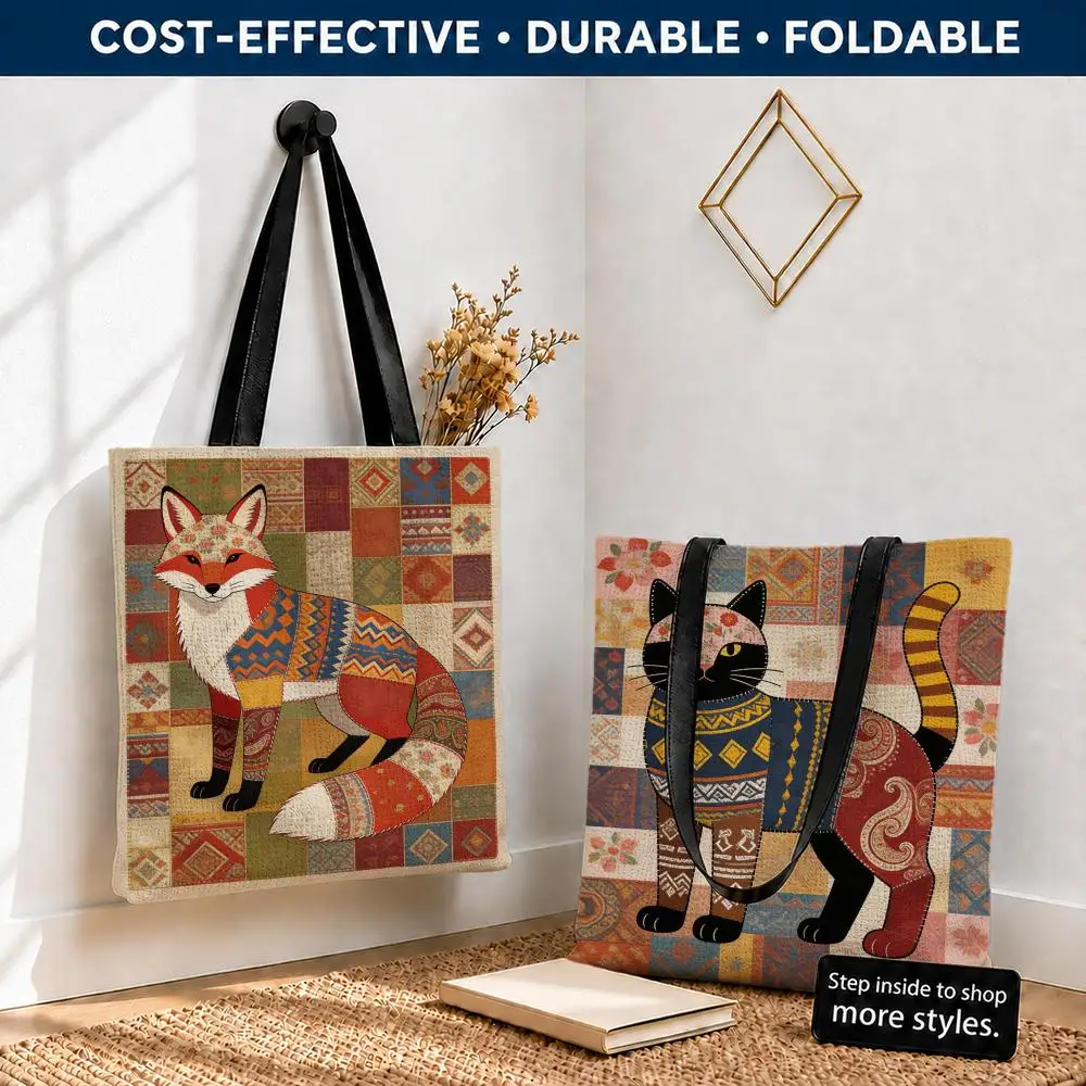 Bohemian Patchwork Animals Storage Bags Polyester Canvas Tote Lightweight Foldable Reusable Shopping Bag Shoulder Straps