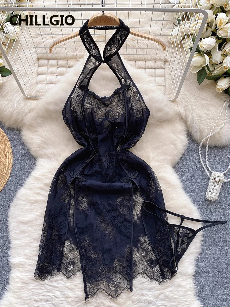 CHILLGIO Women Halter Lace Split Dress Two Pieces Sleepwear Hollow Pajamas Suits Ins Fashion Transparent Erotic Sexy Nightgowns