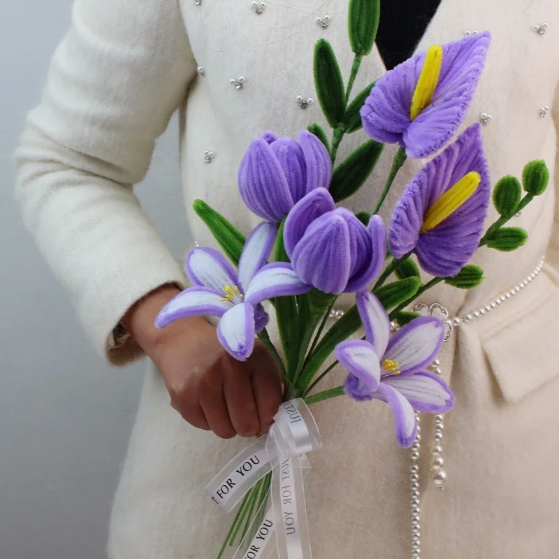 PIPE Purple Tulip flower Bouquets Handmade Artificial Flower Christmas‘ Day Gifts With Lily Fake Flowers Home Decor