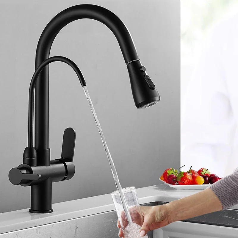 

Matte Black Pure Water Kitchen Faucet Dual Handle Hot and Cold Drinking Water Pull Out Kitchen Mixer Taps